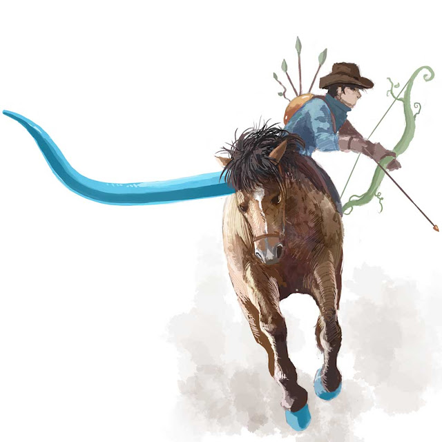A cowboy wears a golden half-apple backpack protruding arrow shafts. He nocks an arrow in his beanstalk bow while riding his mustang unicorn with its single blue longhorn horn protruding from the side of its head.