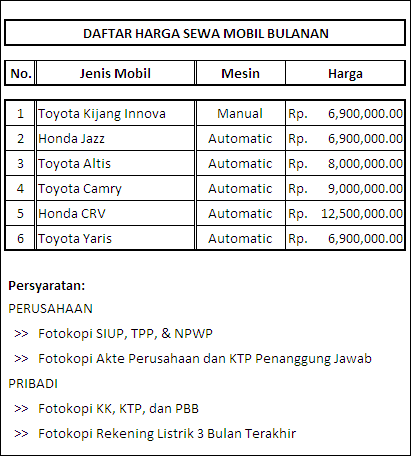 Sewa Mobil Bulanan on Daftar Harga Sewa Bulanan