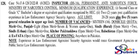 Inspector Anti-Narcotics Force ANF Jobs 2022