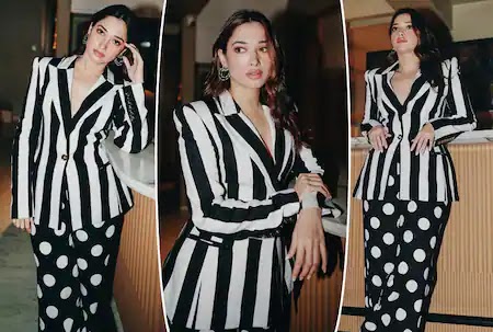 Tamannaah Bhatia Creates Magic In Striped Button Blazer And Polka Dot Pants For Rs 1 Lakh - See Hot Pics