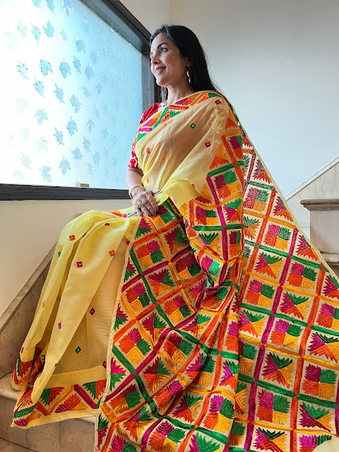 Mango yellow hand embroidered phulkari saree