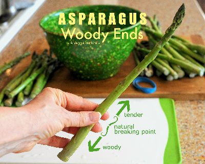 How to Remove Woody Ends from Asparagus, step-by-step and video ♥ AVeggieVenture.com. There's a rhythm! Bend, Bend, Snap! Bend, Bend, Snap!