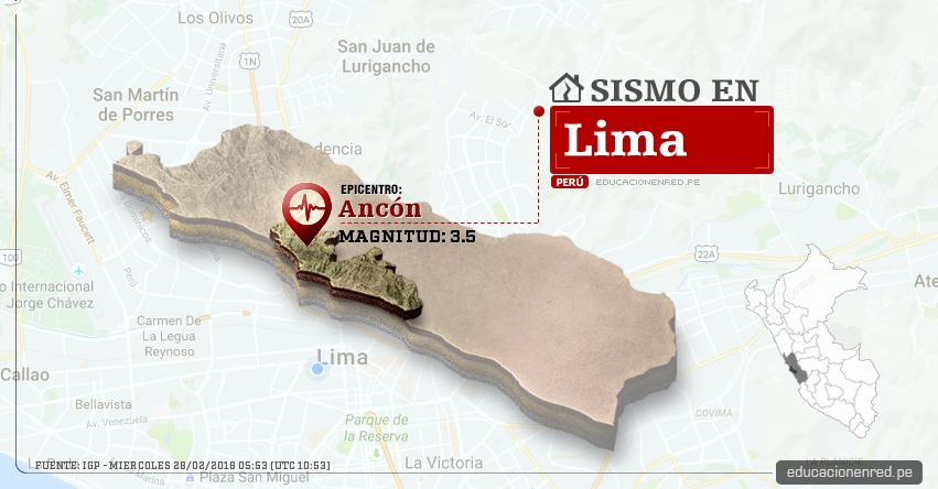 Temblor en Lima de magnitud 3.5 (Hoy Miércoles 28 Febrero 2018) Sismo EPICENTRO Ancón - Callao - IGP - www.igp.gob.pe