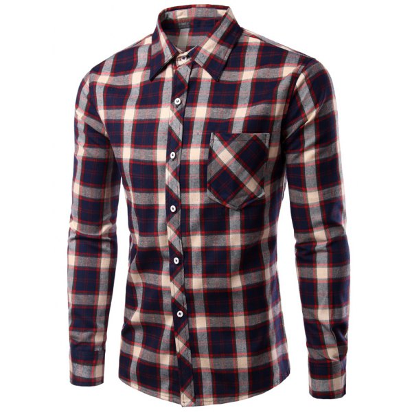 Turn-Down Collar Long Sleeve CheckedPrint Shirt For Men - Brown Xl