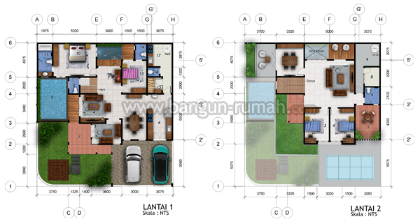 Desain Denah Rumah Mewah 2 Lantai dengan Kolam Renang 