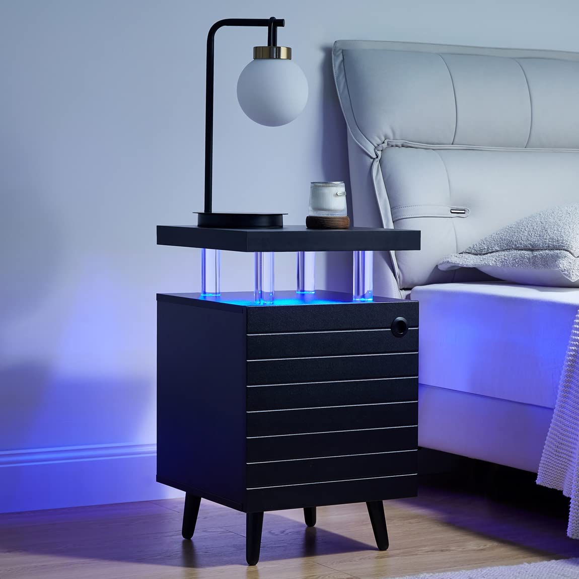 LED Nightstand LED Bedside Table Living Room with 4 Acrylic Columns, Bedside Table with Drawers for Bedroom  interior design
