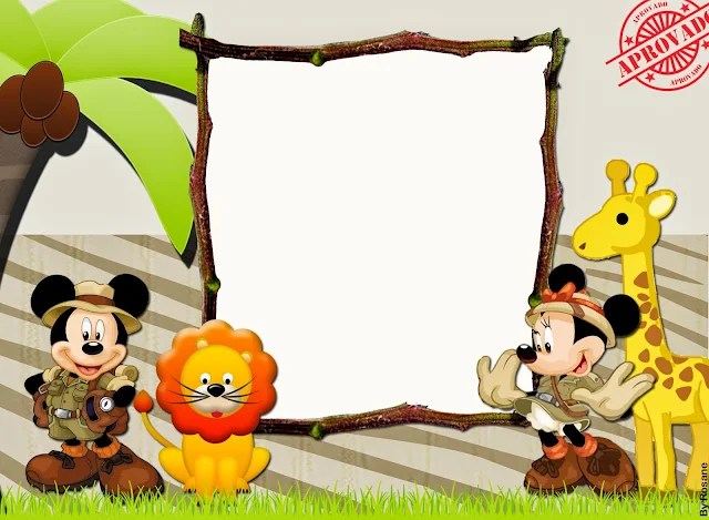 Invitación, tarjeta o marco de fotos de Mickey y Minnie de Safari.