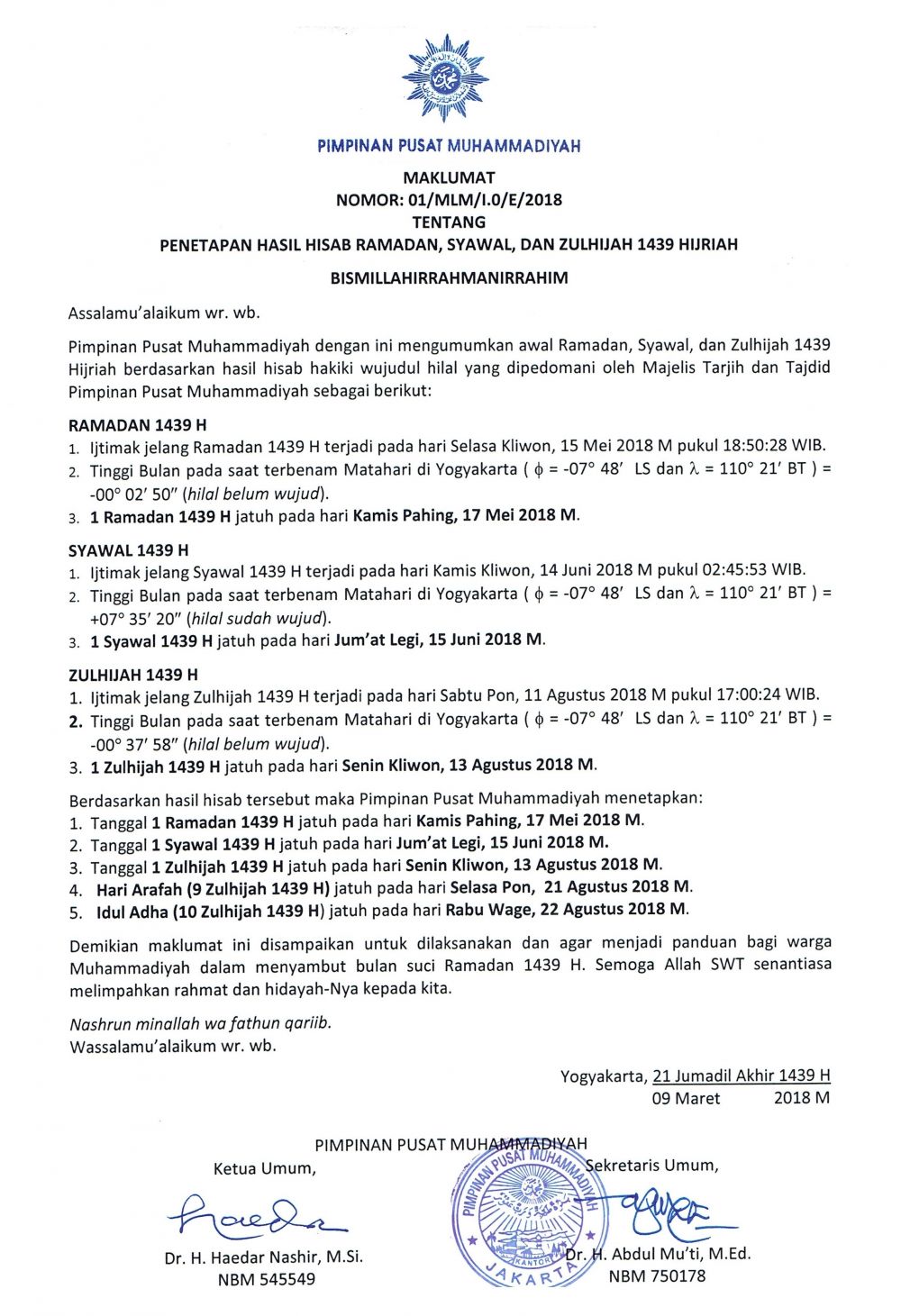SIDANG PENETAPAN 1 SYAWAL 2018 (1439 H) AKAN DIGELAR 14 