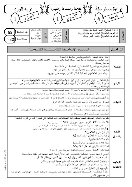 جذاذة القراءة ''قرية الورود'' للمستوى الرابع