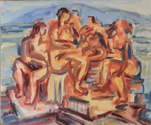 Figurengruppe in T., Acryl auf LW, 50x60cm, SK 2020