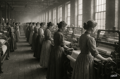 Rows of young women working power looms in a textile factory, long dresses and hair tied back, large windows casting light on cotton dust in the air.