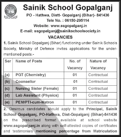 Sainik School Gopalganj Notification 2024