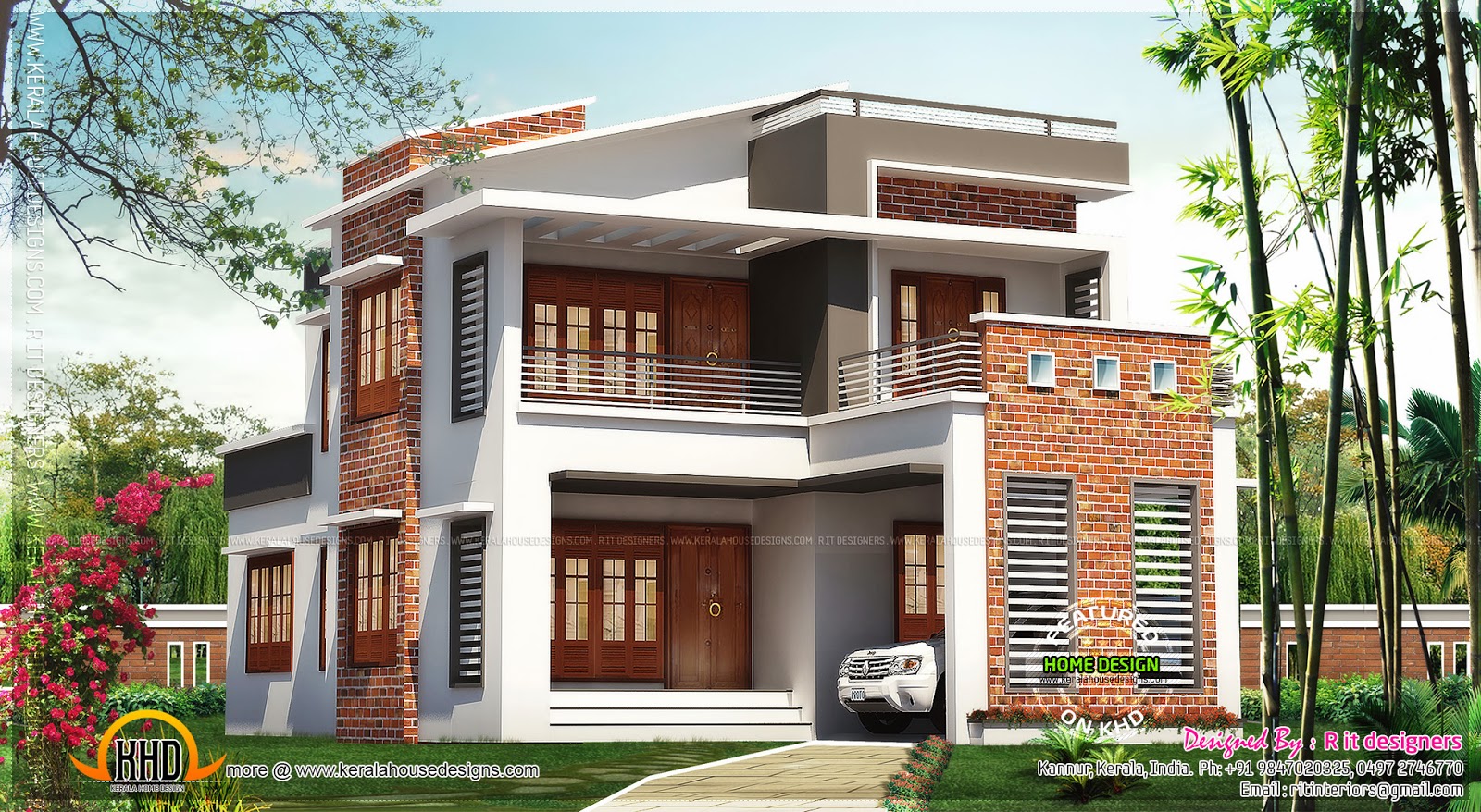 Brick mix house  exterior  design  Kerala home  design  and 