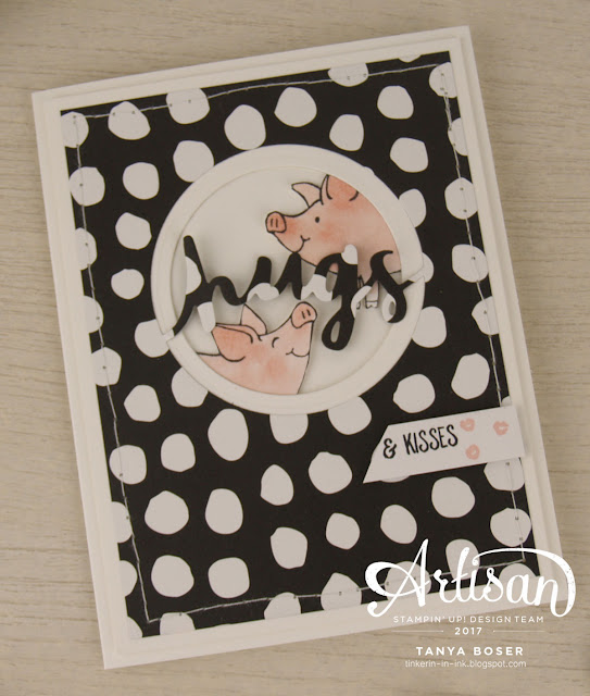 The cute characters from Stampin' Up!'s This Little Piggy stamp set paired with the Lovely Words thinlits and the Whole Lot of Lovely DSP = one sweet card!