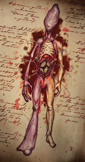 A simulacra on a dissection table. It's chest is sliced open, revealing an alien rib cage and stomach containing four brains. Its left side is strangely proportioned and pink, while its right side looks human. Its featurelss head is shaped like a peach pit.