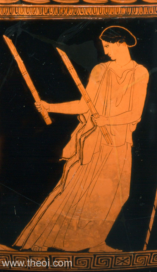Detail of Hecate from a painting depicting the return of Persephone from the underworld. Hecate gazes back over her shoulder at Persephone, heralding her return with a pair of torches. From Attic red figure in Metropolitan Museum of Art, New York/Theoi.com. Note she is depicted holding a pair of torches, in her role as Guide.