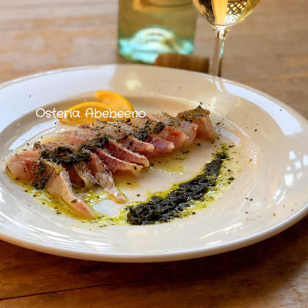 Orata Cruda Con Salsa Verde 黒鯥のクルード 松皮造り サルサヴェルデ添え Osteria Abebeeno