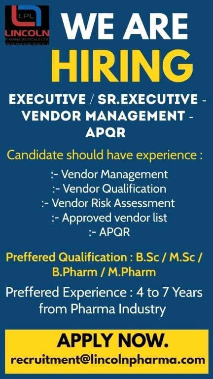 Job Available's for Lincoln Pharma Pvt Ltd Job Vacancy for BSc/ MSc/ B Pharm/ M Pharm