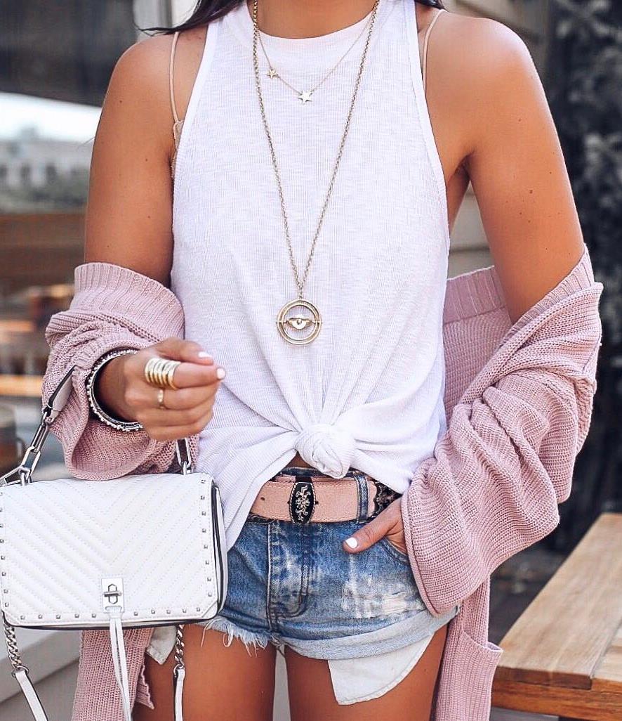what to wear with a blush cardi : bag + white top + shorts