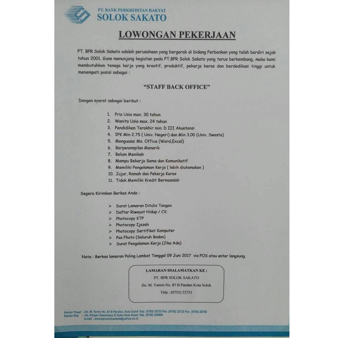Lowongan Kerja di Solok - PT.Bank Perkreditan Rakyat Solok 