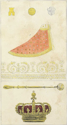 Insígnias régias de Dom João VI. Desenho de Jean-Baptiste Debret e litografia de Thierry Frères, 1839 (imagem disponível na Biblioteca Nacional Digital).