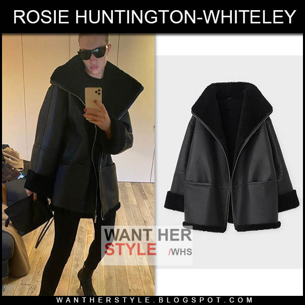 Rosie Huntington-Whiteley in black leather shearling jacket and black sunglasses