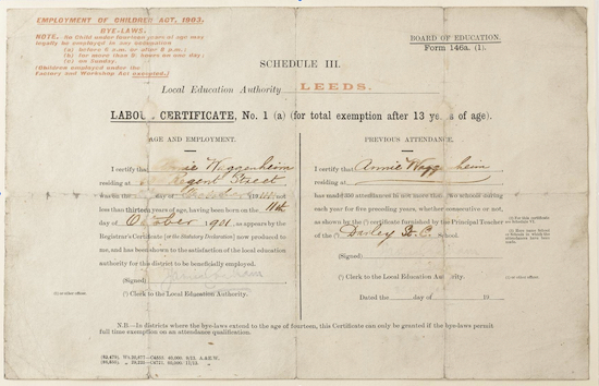 A 'labour certificate' allowed the holder to leave school in order to work Image Victoria and Albert Museum, London used with permission