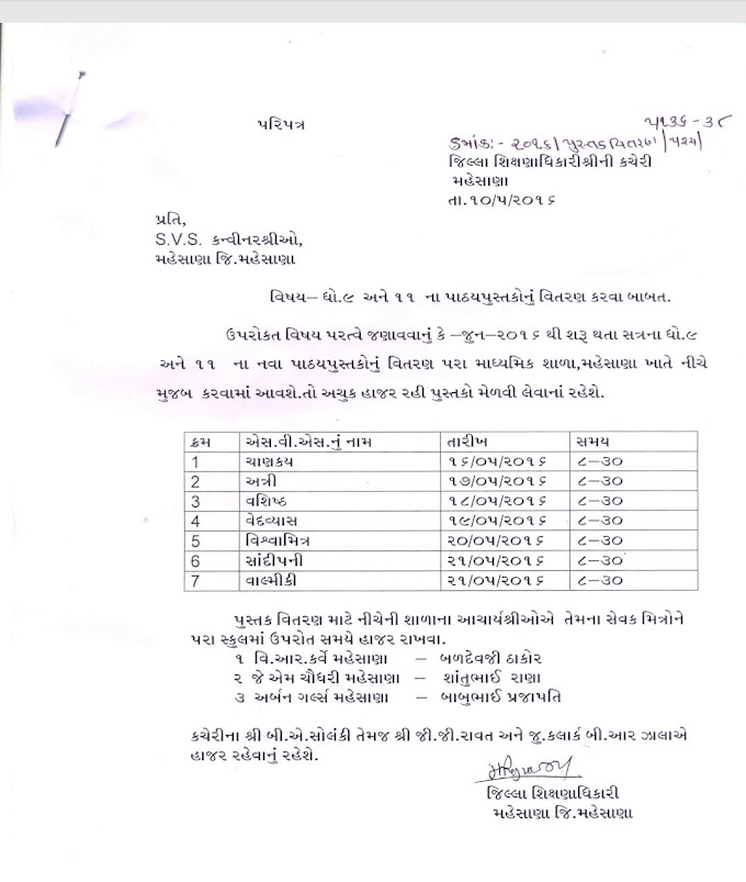 ધોરણ 9 અને 11 નાં પાઠ્યપુસ્તક નું વિતરણ મેહેસાણા જિલ્લો