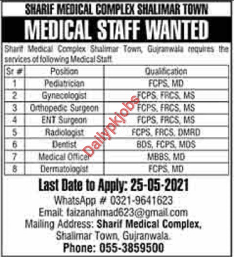 Sharif Medical Complex Latest Jobs Shalimar Town May 2021