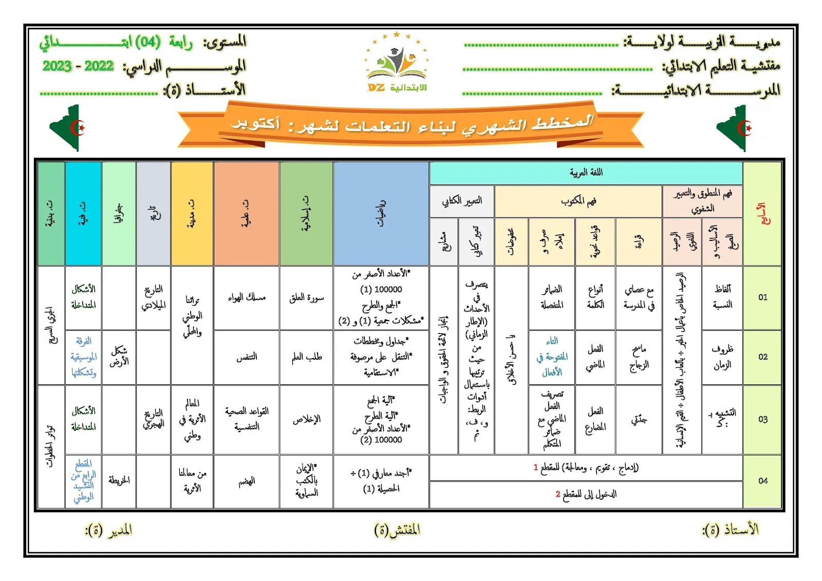 التدرج الشهري لبناء التعلمات التدرج الشهري لبناء التعلمات لشهر: أكتوبر (04 ابتدائي)