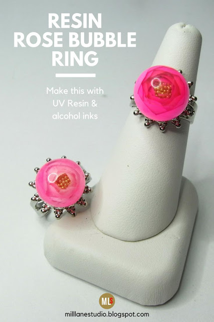 Inspiration sheet with photo of light pink and dark pink Resin Rose Bubble Rings on a ring stand