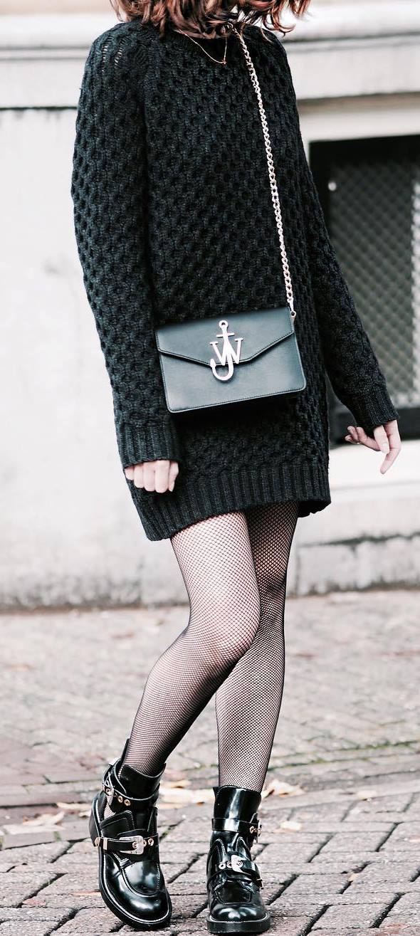 black on black | sweater dress + bag + boots