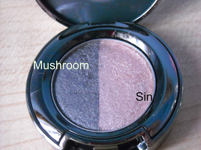 Close up of Urban Decay eyeshadow duo in the shades Mushroom (left) and Sin (right)