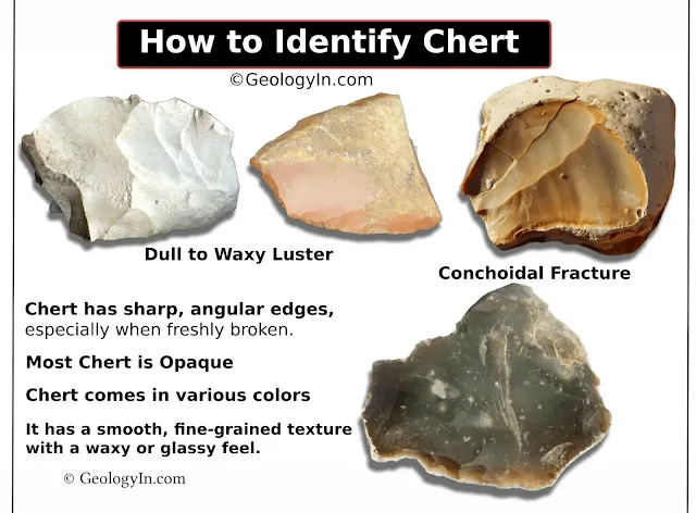 Identifying chert by its smooth, fine-grained texture, waxy surface luster, and sharp, angular broken edges.
