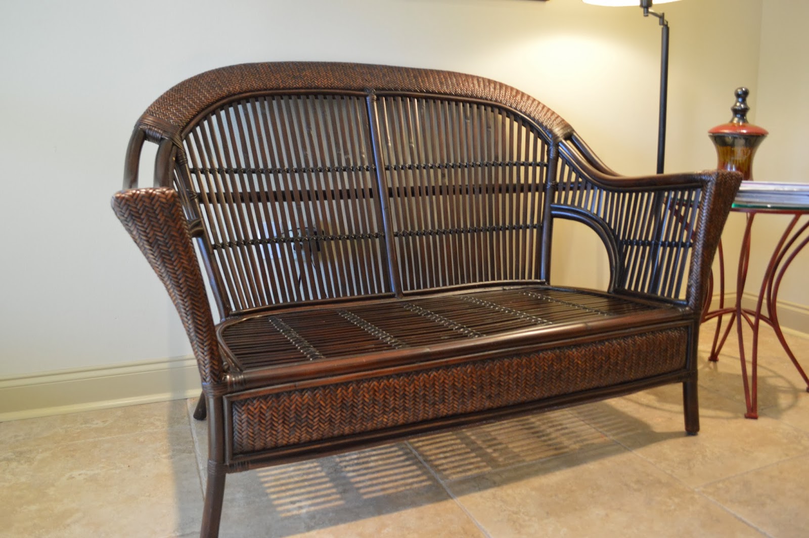 Moving Sale: Rattan Loveseat with Cushion & Pillows $250