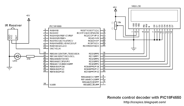 RC5 IR remote control protocol decoder with PIC18F4550 microcontroller circuit schematic CCS PIC C