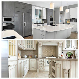 modern high-glass kitchen cabinets in the picture above, and in the picture below, classic wooden cabinets.