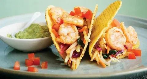 Flavorful Fiesta: Shrimp Tacos with Tomatillo Guacamole and Cilantro Lime Slaw