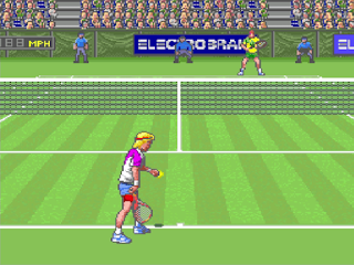 Tennis game with two men on grass field 16 bit