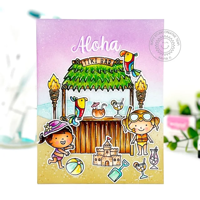 Sunny Studio Stamps: Tiki Time Beach Buddies Slimline Dies Beach Babies Beach Themed Card by Kavya