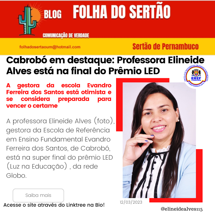 Cabrobó em destaque: Professora Elineide Alves está na final do Prêmio LED