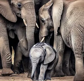 Elephant mothers protecting newborn elephant baby