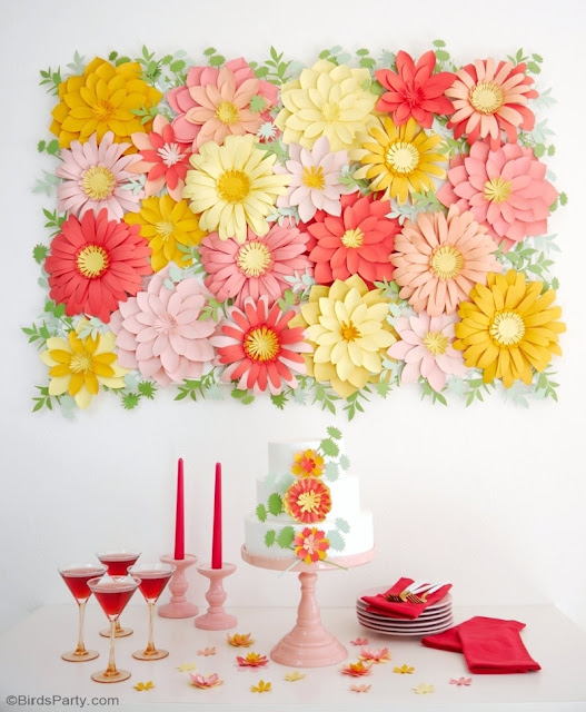 DIY Paper Flowers Backdrop - easy paper craft tutorial for creating beautiful paper flowers for weddings, party photo-booth or home decor! by BirdsParty.com @birdsparty #floralbackdrop #paperflowers #flowerbackdrop #diypaperflowers #diybackdrop #diyweddingbackdrop #didyfloralarch #floralarch #floralwall #diy 