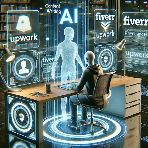 Yeh image DALL·E se generate ki gayi hai. Isme ek AI-powered freelancer ko high-tech office me kaam karte dikhaya gaya hai, jisme Fiverr, Upwork, aur Freelancer.com jaise platforms ke holographic screens dikh rahe hain. Yeh ek modern aur sleek environment hai jo AI automation aur efficiency ko represent karta hai. 😊