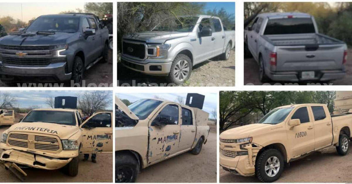 Aseguran drogas, armamento, municiones y cinco camionetas con leyendas MARINA e INFANTERIA en Sonoyta, Sonora