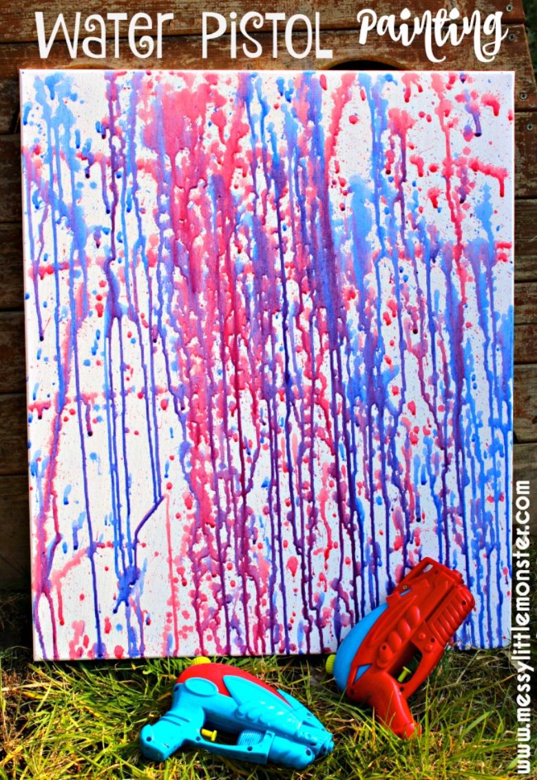 Squirt gun painting on canvas - easy canvas painting ideas for kids