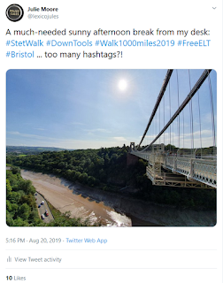 A Tweet showing a photo taken from Cifton Suspension Bridge and a tweet with the hastag #stetwalk