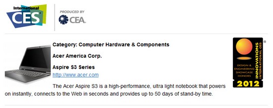 Ultrabook Notebook Acer Aspire S3 Raih Penghargaan