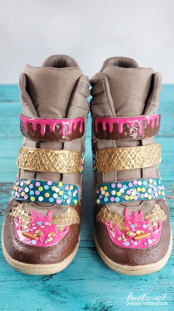 How to Paint Cake & Ice Cream Shoes!  These painted cake and ice cream shoes look good enough to eat!   Make a pair of cake and ice cream kicks to wear in delicious and show-stopping style!   These cool shoes are the perfect upcycled accessory!