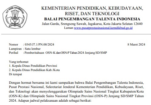 Jadwal Pelaksanaan OSN-P Jenjang SD SMP Tahun 2024 dan Jadwal Uji Coba OSN-K dan OSN-P Jenjang SD SMP Tahun 2024